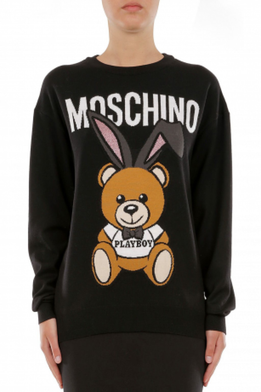 Moschino Ladies Fantasia Black Teddy Bear-Print Wool Jumper, Brand Size 38  (US Size 4) 0906 5508 2555 - Apparel - Jomashop