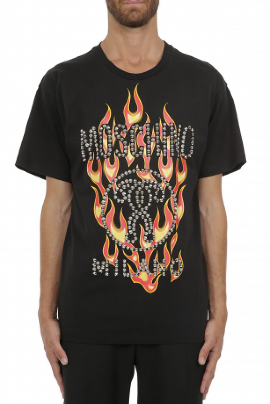 Moschino Men's t shirt cotton jersey Flames black oversize top