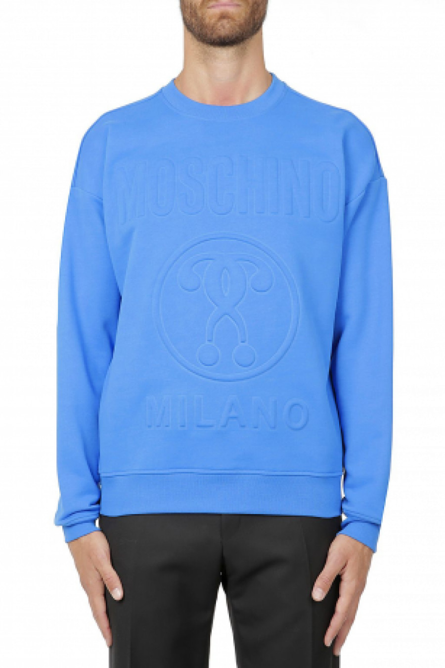 Moschino Men's sweatshirt cotton fleece Embossed Double Question Mark blue